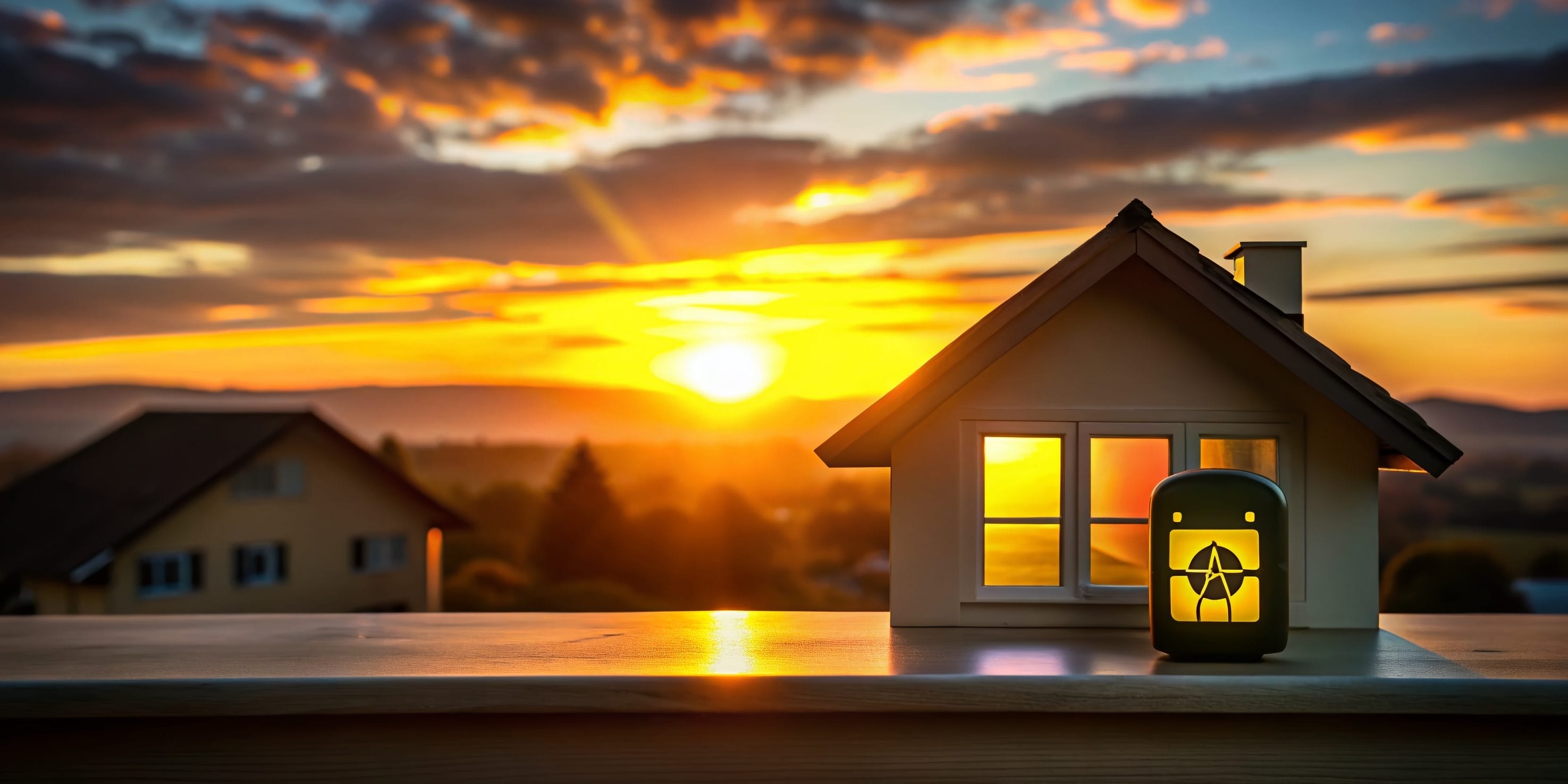 Sunset view of radon test kit next to a model house for radon testing services
